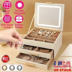 Jewelry Box with LED Mirror 3-Layer Jewelry Organizer with 2 Drawers PU Jewelry